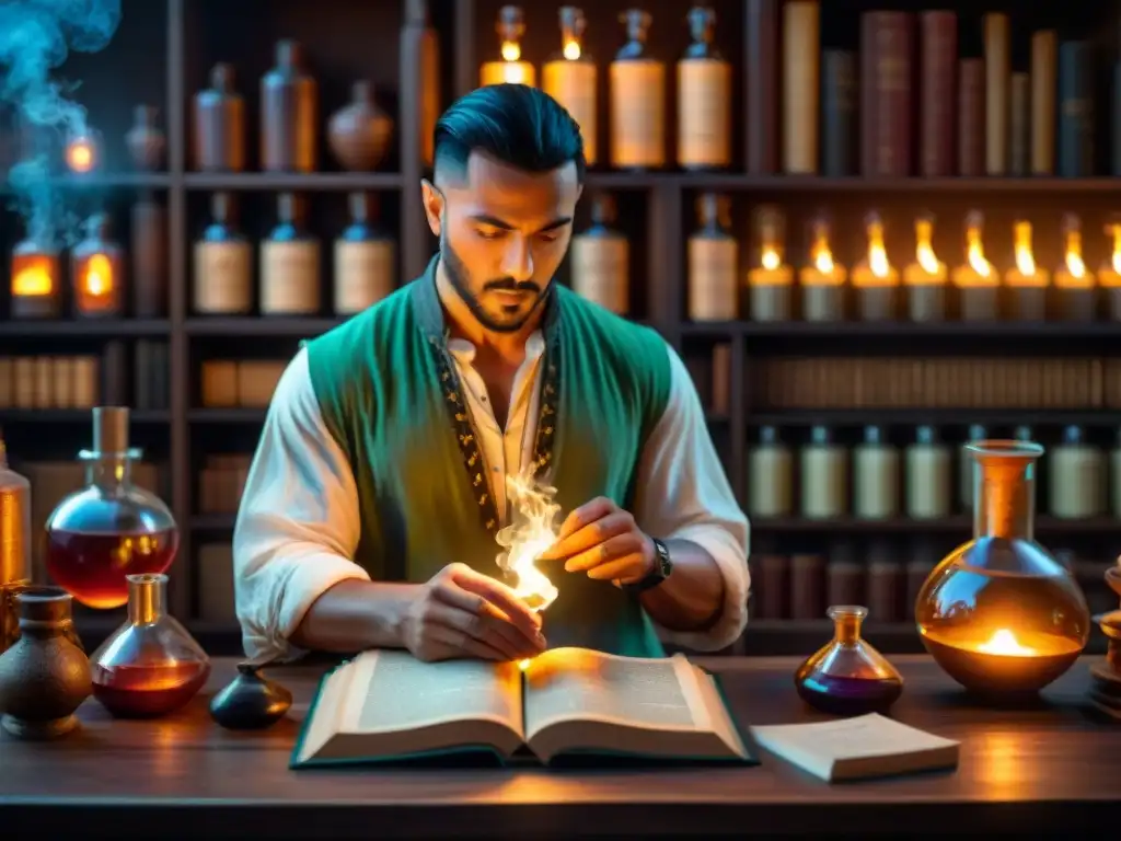 Un alquimista en su laboratorio, rodeado de libros antiguos y pociones burbujeantes, canalizando energía creadora sobre el fuego filosófico