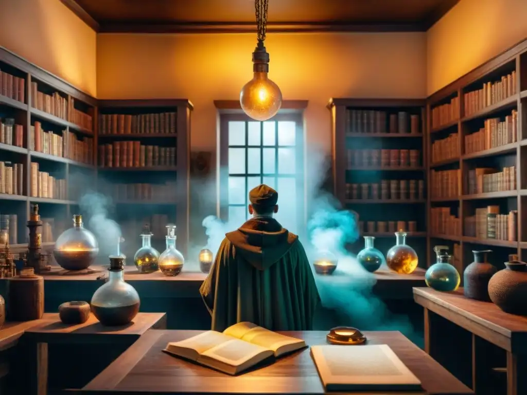 Un alquimista en su laboratorio, rodeado de libros antiguos y símbolos, evocando el legado alquímico de Harry Potter