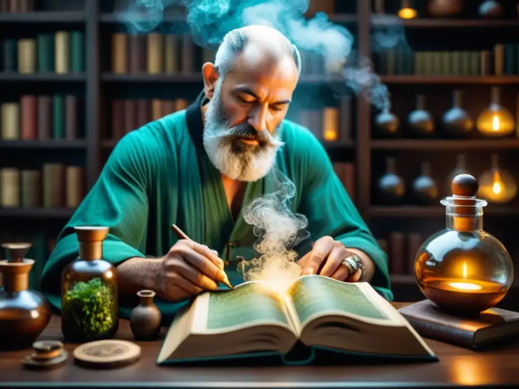 Un alquimista en su laboratorio, creando serums faciales naturales con sabiduría ancestral