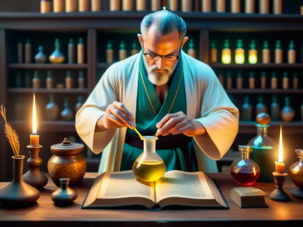 Laboratorio de alquimista antiguo: magia y misterio Un alquimista vierte líquido brillante en vial rodeado de instrumentos y libros antiguos, reflejando el uso de la alquimia en medicina