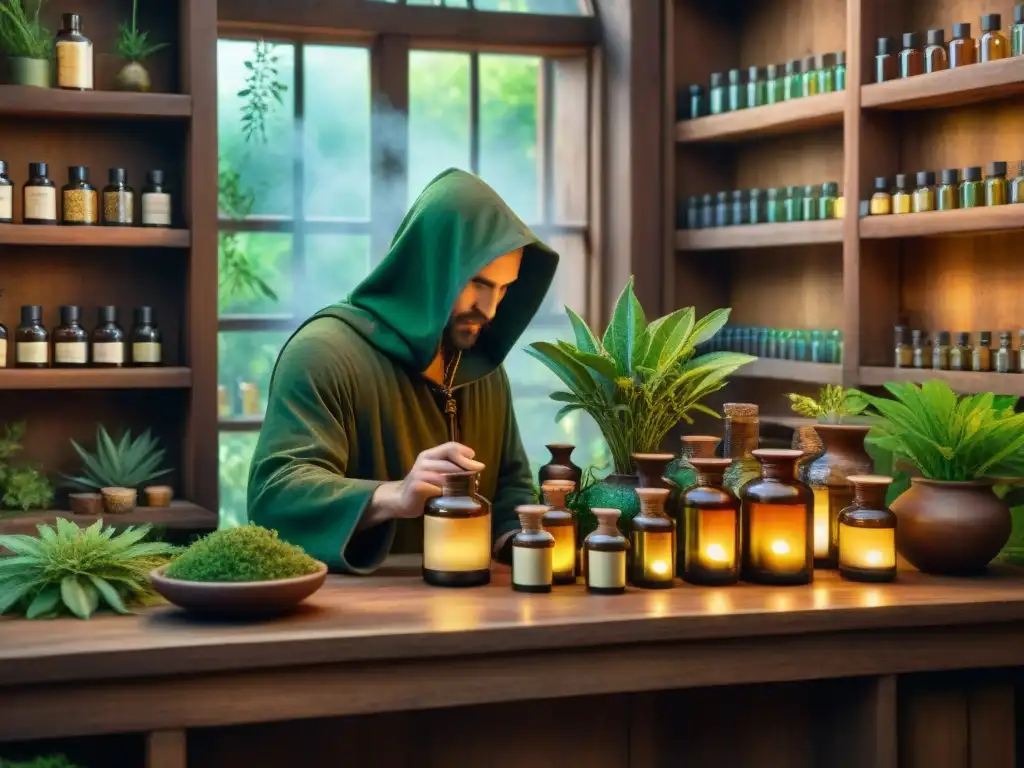 Un alquimista medieval extrae aceites esenciales de plantas exóticas en una apotecaria, rodeado de hierbas y manuscritos antiguos