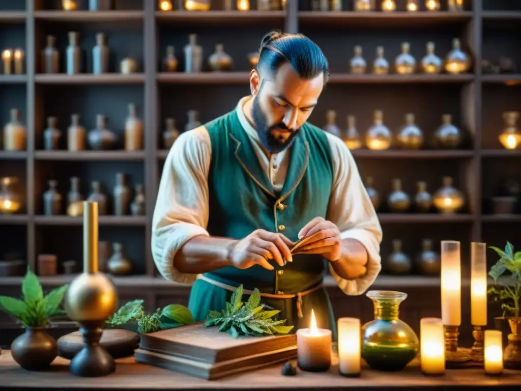 Un alquimista medieval extrae esencia de una planta misteriosa en un laboratorio iluminado por velas, rodeado de libros antiguos