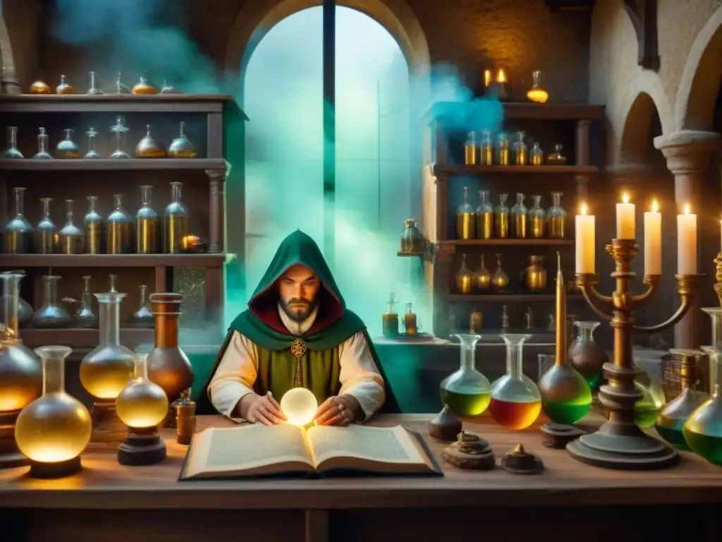 Un alquimista medieval en su laboratorio, fusionando historia alquimia transformación energía nuclear