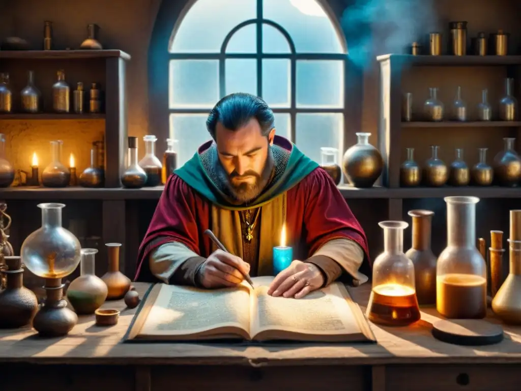 Un alquimista medieval trabaja en su laboratorio con libros antiguos y pociones burbujeantes