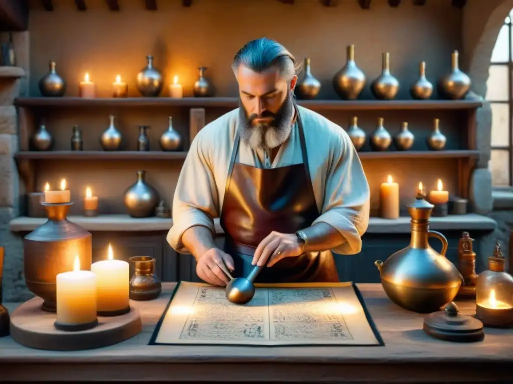 Un alquimista medieval vierte líquido entre dos vasos en su taller, iluminado por velas y rodeado de manuscritos y símbolos místicos