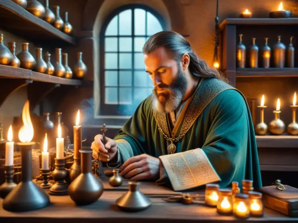 Un alquimista medieval examina metales en su taller lleno de instrumentos antiguos y libros de alquimia, iluminado por velas