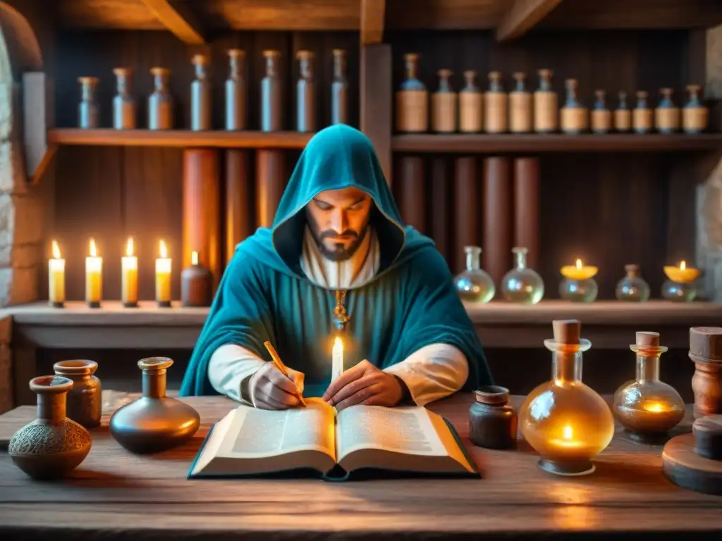 Un alquimista medieval trabaja en su misterioso laboratorio con libros antiguos, símbolos y velas, creando una atmósfera mágica