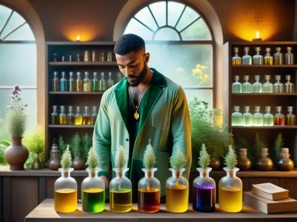 Alquimista místico en laboratorio botánico Un alquimista místico extrae esencia en un laboratorio botánico lleno de magia natural