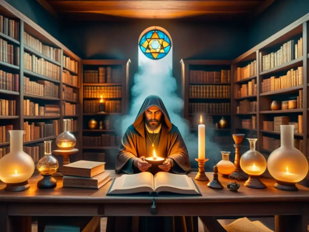Ilustración alquímica: el misterio de la alquimia religiosa Un alquimista místico rodeado de instrumentos antiguos en una cámara oscura