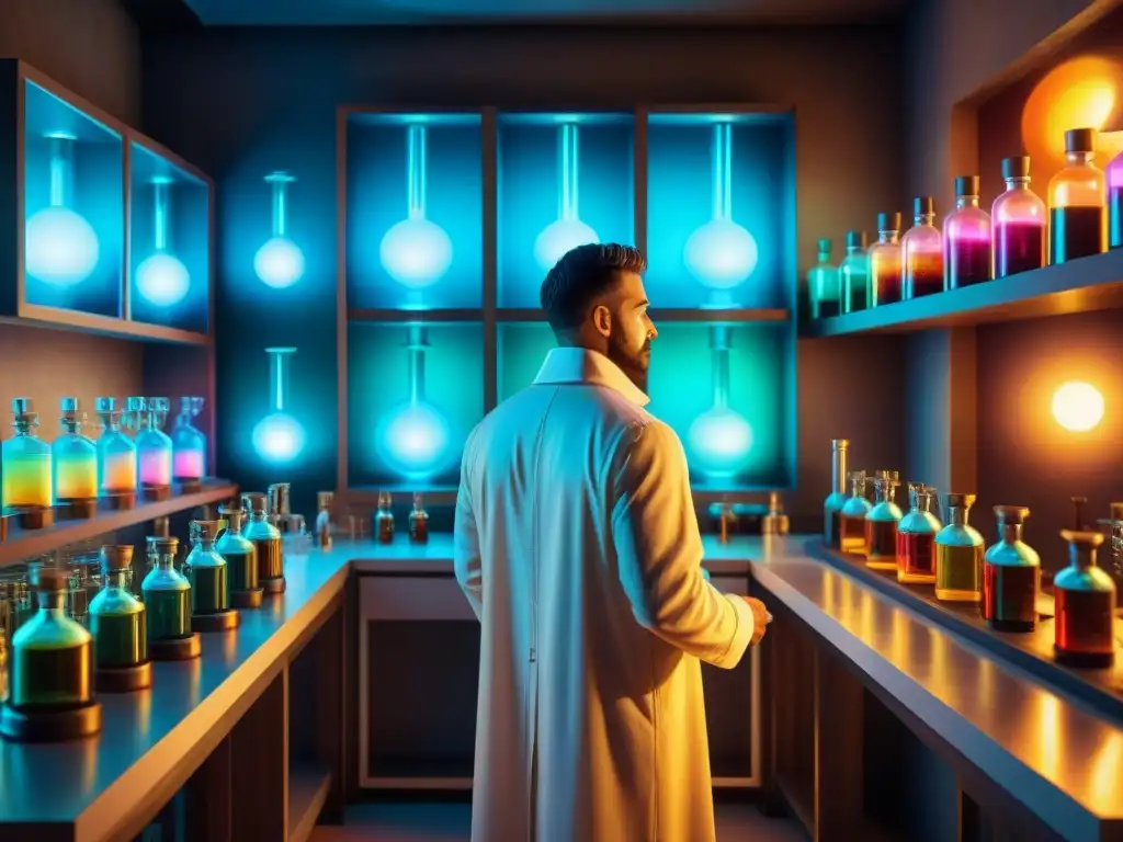 Alquimia contemporánea: el alquimista moderno en su laboratorio futurista Un alquimista moderno concentrado en una software simulación alquimia moderna en un laboratorio de alta tecnología