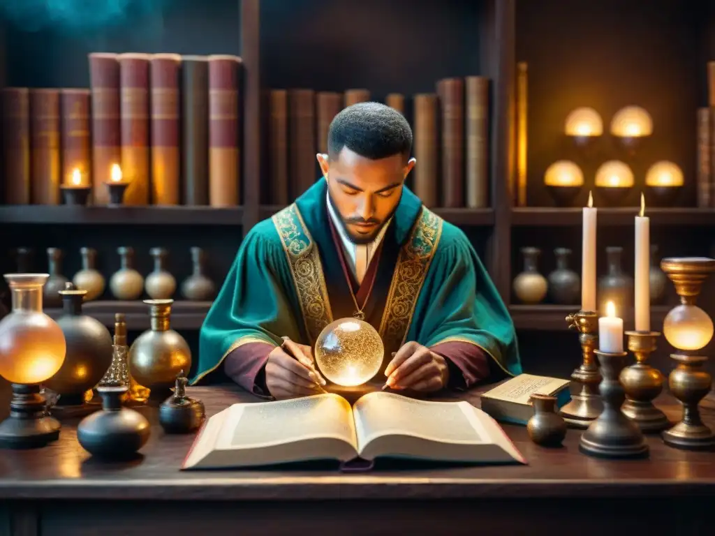 Un alquimista moderno concentra su energía en un orbe brillante sobre antiguos textos, rodeado de herramientas y pociones en un laboratorio tenue