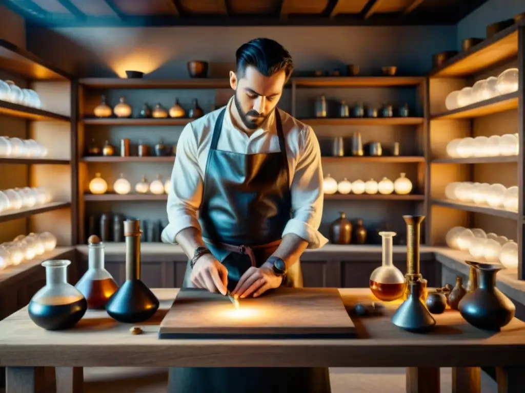 Un alquimista moderno en su laboratorio iluminado por el sol, rodeado de instrumentos antiguos y libros polvorientos