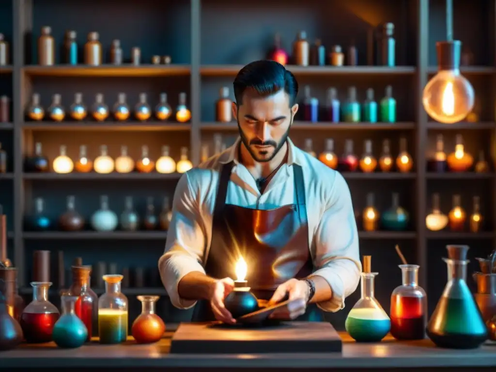 Un alquimista moderno en su laboratorio, rodeado de herramientas antiguas y líquidos coloridos, concentrado en su experimento