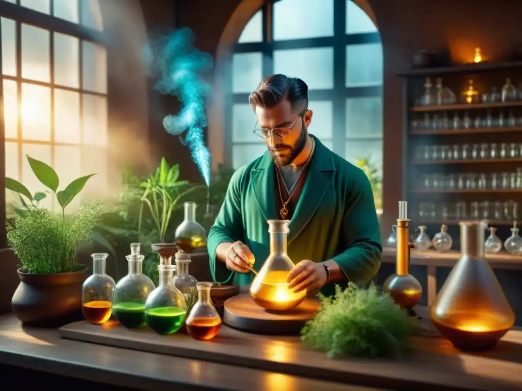 Un alquimista moderno en un laboratorio sostenible, mezclando elementos naturales en un matraz de vidrio, rodeado de equipo científico y plantas