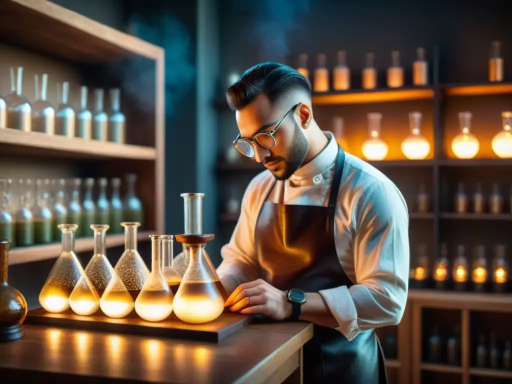 Un alquimista moderno en un laboratorio tenue vierte líquido brillante de un matraz Erlenmeyer