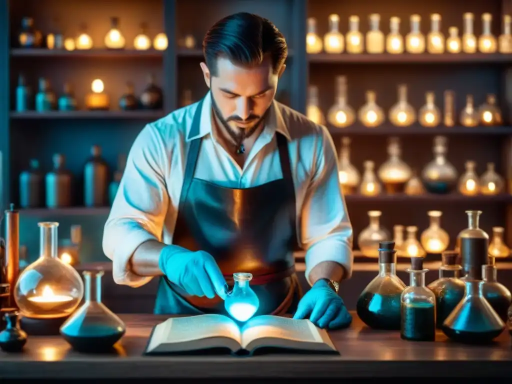 Un alquimista moderno vierte líquido azul en un vial cristalino en un laboratorio iluminado por velas, rodeado de objetos antiguos