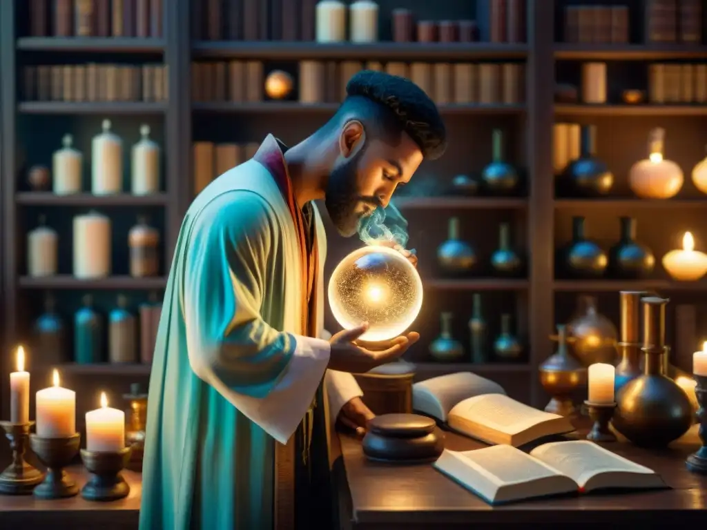 Un alquimista moderno estudia un orbe de luz en su laboratorio, rodeado de libros antiguos y pociones burbujeantes