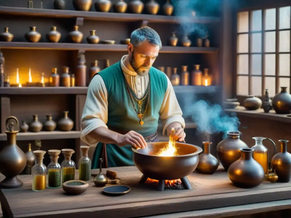 Un alquimista romano en su taller, rodeado de instrumentos y pergaminos antiguos, creando misteriosas pócimas