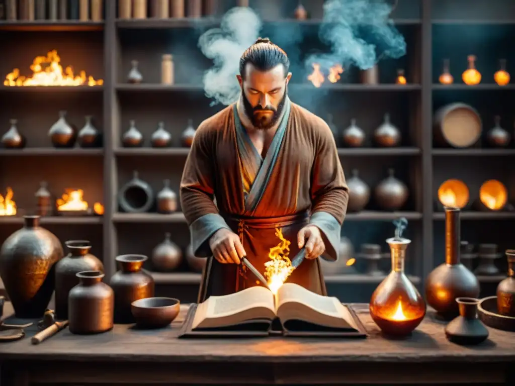 Un alquimista trabajando con valentía en su taller, rodeado de antiguas herramientas y libros, creando con determinación