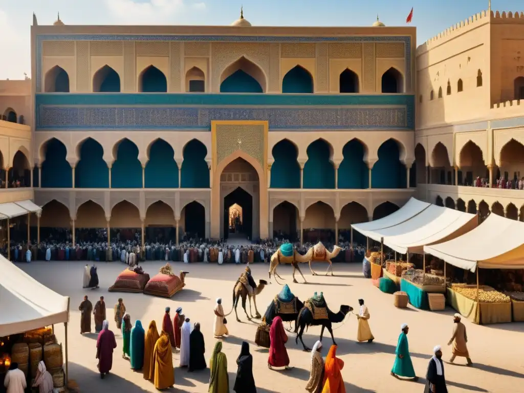 Animado mercado en la antigua Bagdad, con comerciantes variados intercambiando bienes exóticos bajo la sombra de mezquitas y palacios