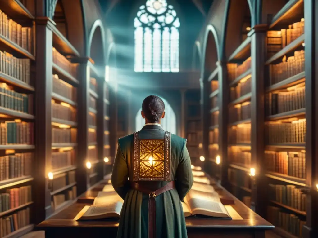 Antigua biblioteca alquímica iluminada por la luz del sol, resaltando la importancia de los textos sagrados alquimia