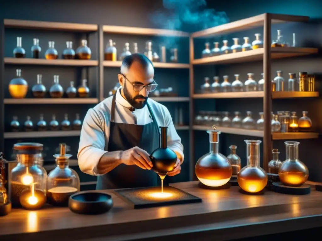 Antigua filtración alquímica evoluciona a moderna ciencia en un laboratorio tenue