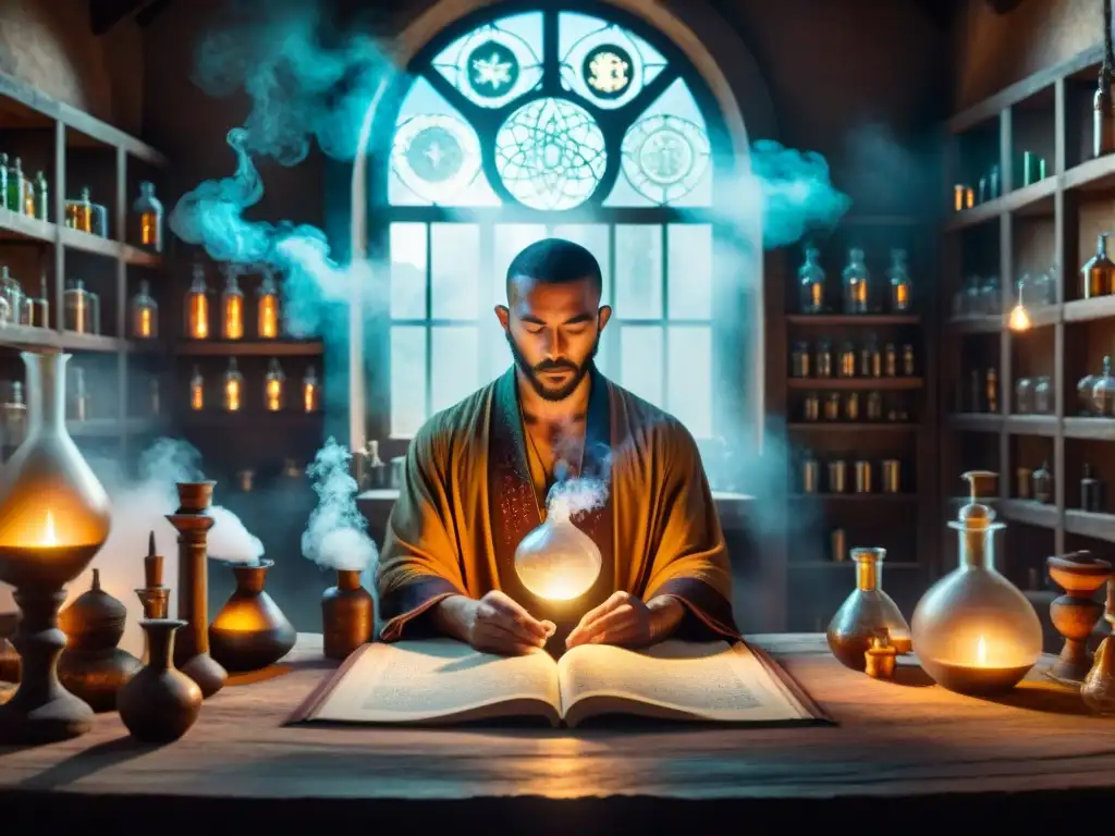 Un antiguo alquimista mezcla éter alquímico para bienestar integral en su misterioso laboratorio iluminado por tenues destellos de luz