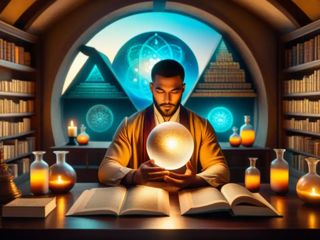 Ilustración detallada de un alquimista antiguo en su cámara mística Un antiguo alquimista en su cámara, rodeado de mapas celestiales y símbolos alquímicos, conectando con la historia de la alquimia y la astrología