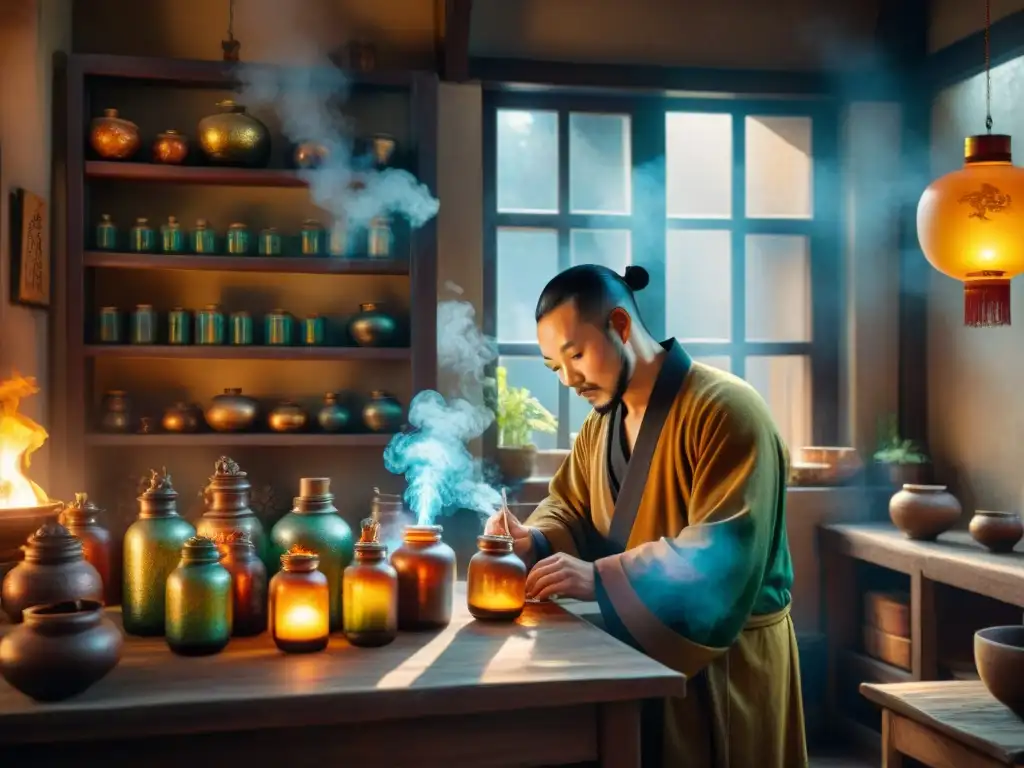 Alquimista chino ancestral en su laboratorio misterioso Un antiguo alquimista chino trabaja en su laboratorio, rodeado de instrumentos y hierbas