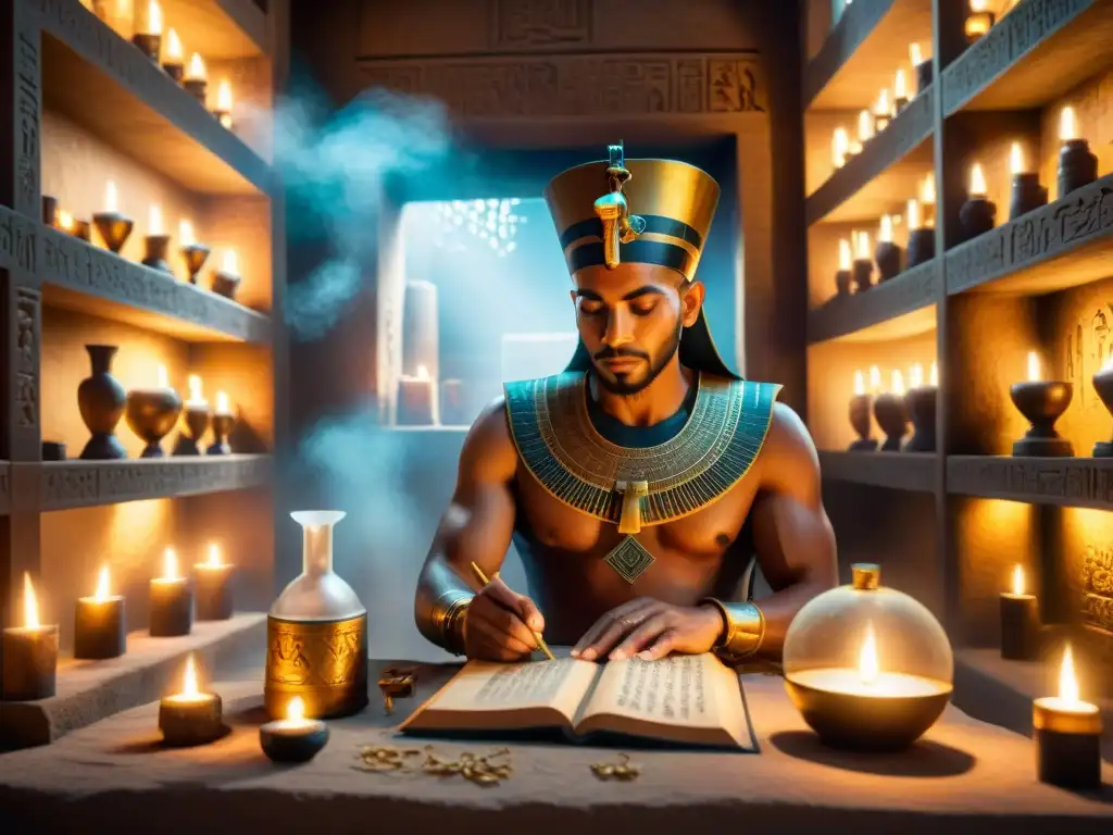 Un antiguo alquimista egipcio elaborando un elixir dorado en su cámara, rodeado de misteriosas reliquias