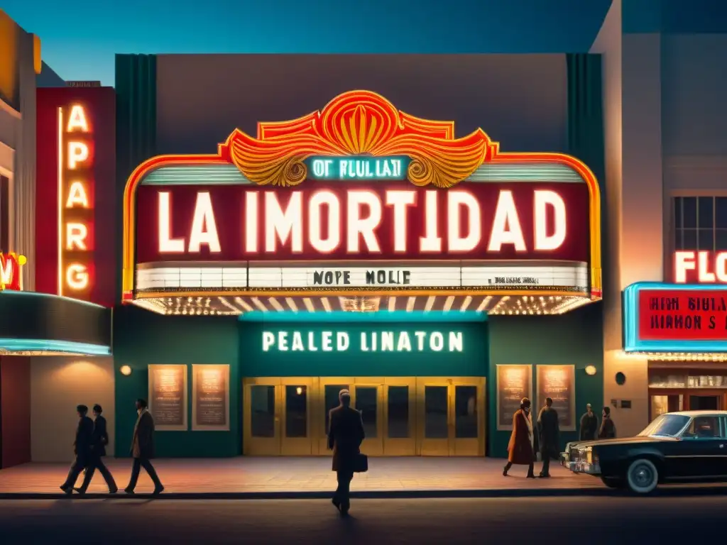 Un antiguo cine iluminado de noche con el título 'La inmortalidad' en letra clásica