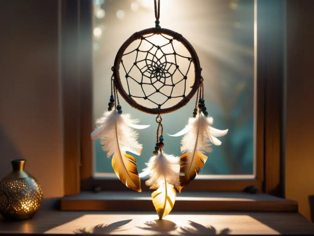 Un antiguo y detallado atrapasueños cuelga junto a una ventana iluminada por suave luz dorada, proyectando sombras en una mesa de madera