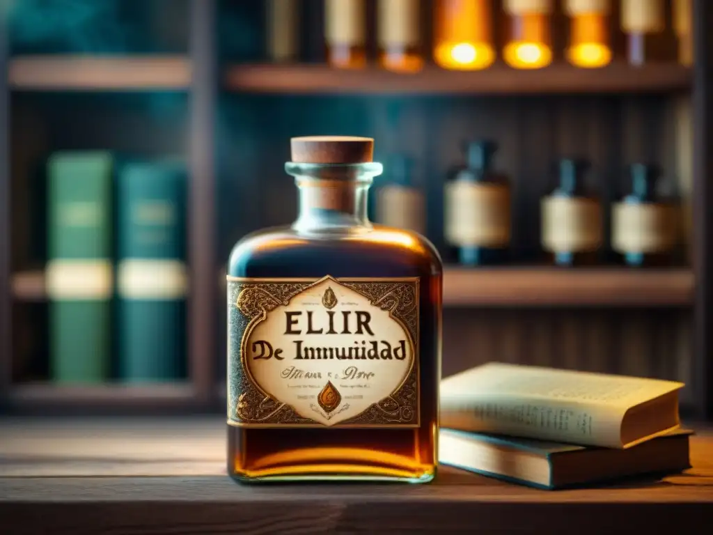 Antiguo frasco de vidrio con etiqueta 'Elixir de Inmunidad' en elegante caligrafía, lleno de líquido ámbar brillante en laboratorio de alquimia