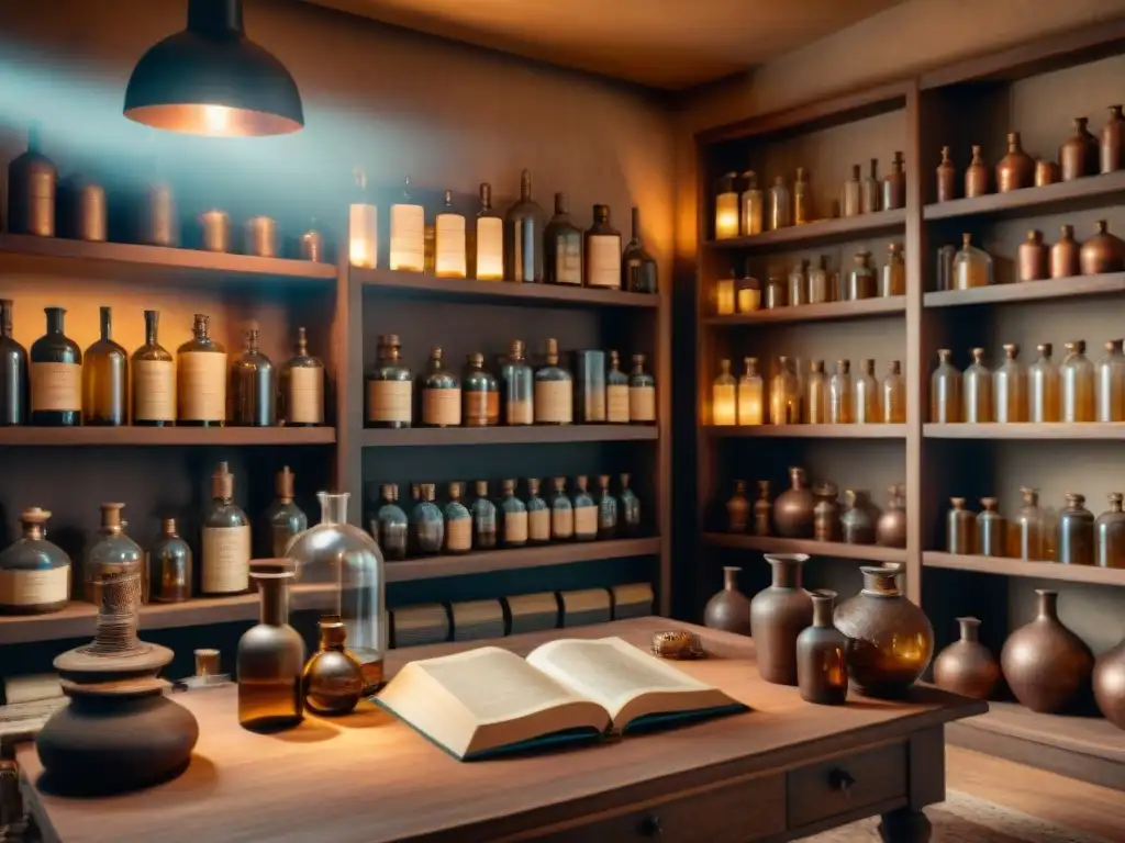 Antiguo laboratorio de alquimia con botellas de vidrio y libros antiguos, iluminado en tonos sepia, evocando la alquimia en medicina tradicional