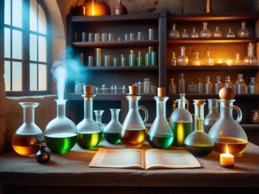 Laboratorio alquímico antiguo: misterio y transformación Antiguo laboratorio de alquimia con cristalería, pociones burbujeantes, símbolos místicos y luz de velas, evocando misterio y transmutación