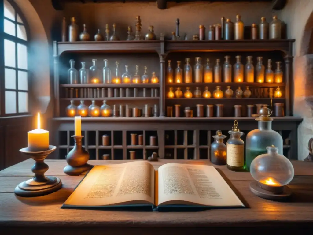 Un antiguo laboratorio alquímico en un castillo alemán, iluminado por velas con símbolos alquímicos