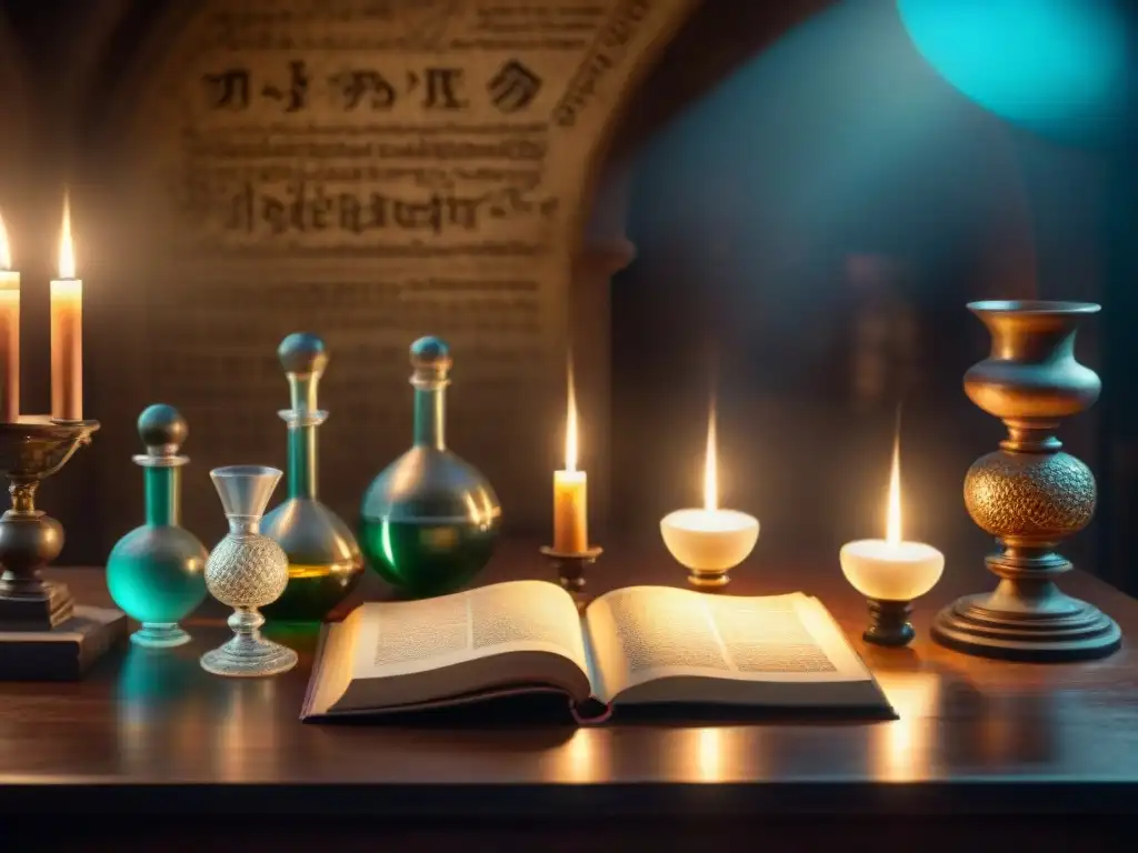 Laboratorio alquímico ancestral: misticismo y ciencia Antiguo laboratorio alquímico iluminado por velas, con cristalería detallada y manuscritos antiguos