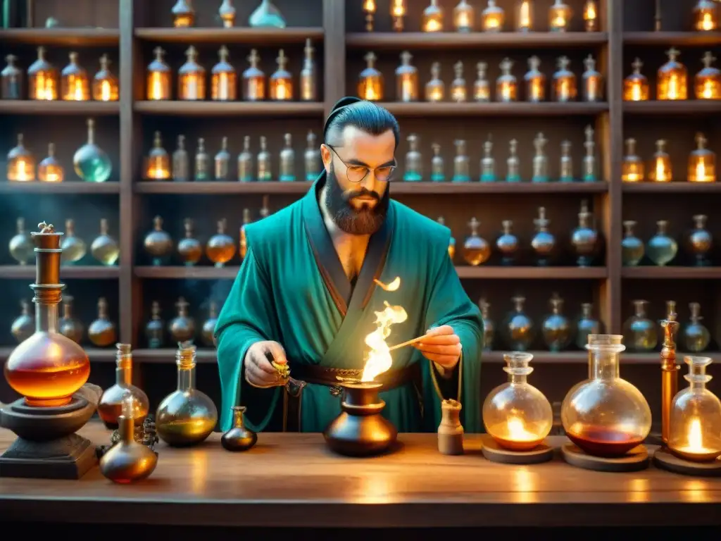 Laboratorio alquímico antiguo: Un alquimista observa misteriosas reacciones Un antiguo laboratorio alquímico lleno de frascos burbujeantes, instrumentos ornamentados y símbolos místicos