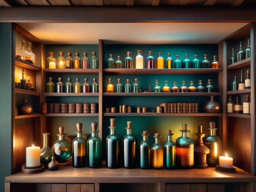 Antiguo laboratorio de alquimista con estantes de botellas de líquidos coloridos y libros antiguos iluminado por velas, misterioso y encantador