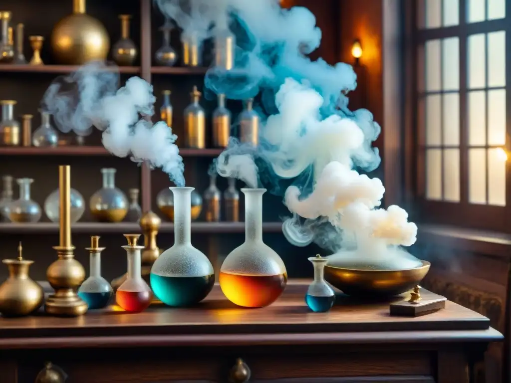 Antiguo laboratorio alquimista lleno de cristalería, símbolos misteriosos y humo, capturando la esencia de la historia alquimia ciencia experimental