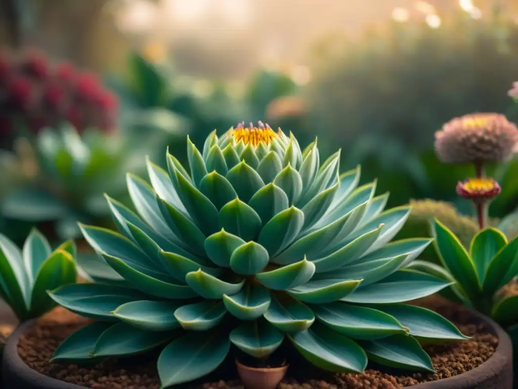 Un jardín botánico antiguo lleno de plantas místicas con patrones intricados en hojas y flores vibrantes en distintas etapas de crecimiento