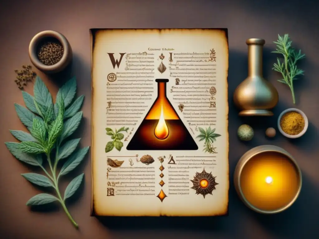 Antiguo manuscrito alquímico detallando la creación del Elixir de Inmortalidad, con tonos sepia envejecidos