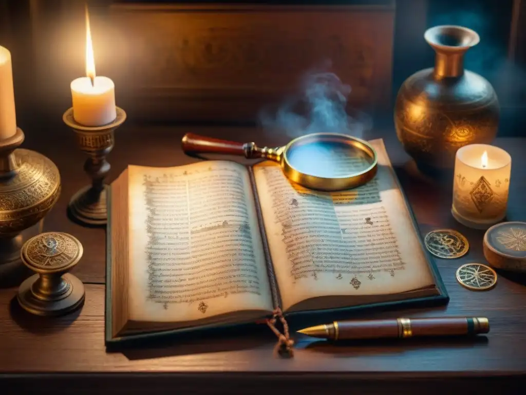 Manuscrito alquímico: historia y misterio en sepia Un antiguo manuscrito alquímico detallado en una mesa de madera iluminado por la luz de las velas