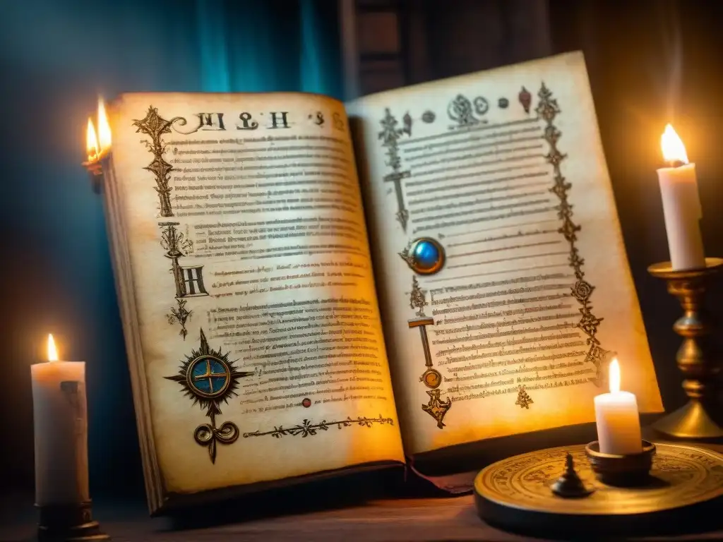 Antiguo manuscrito alquímico iluminado por una vela en una habitación tenue