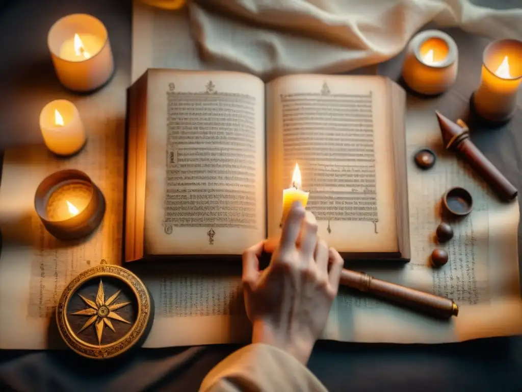 Antiguo manuscrito alquímico iluminado por velas, con símbolos en tonos sepia