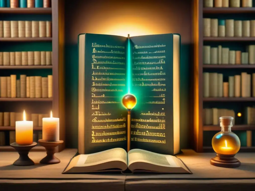 Antiguo manuscrito alquímico iluminado por velas en una habitación llena de libros polvorientos y frascos misteriosos, con diagrama alquímico