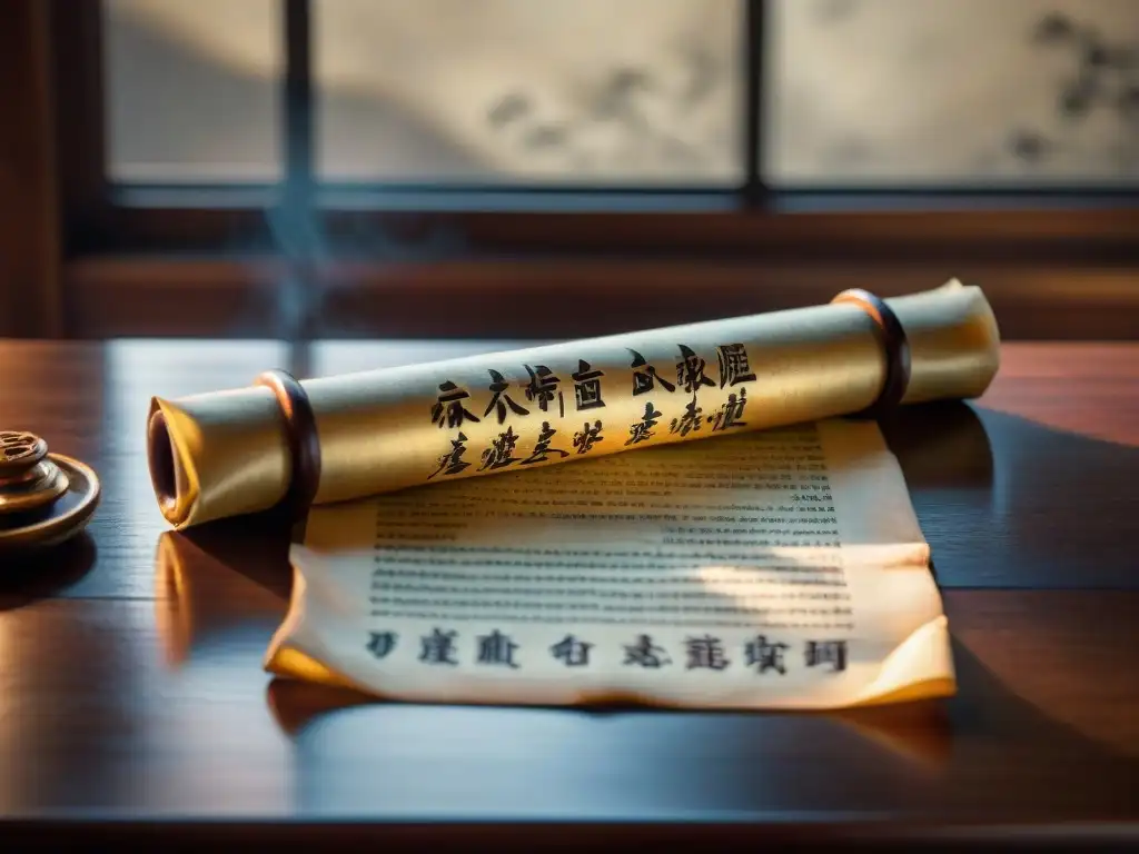 Un antiguo pergamino desplegado en una mesa de madera con caligrafía china del I Ching