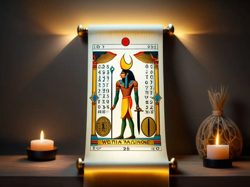 Antiguo pergamino con jeroglíficos del Tarot Egipcio, revelando sabiduría ancestral