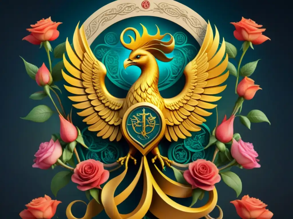 Arte alquímico: majestuoso fénix dorado emerge de llamas, serpientes, rosas y manuscritos antiguos, en un viaje de transformación espiritual