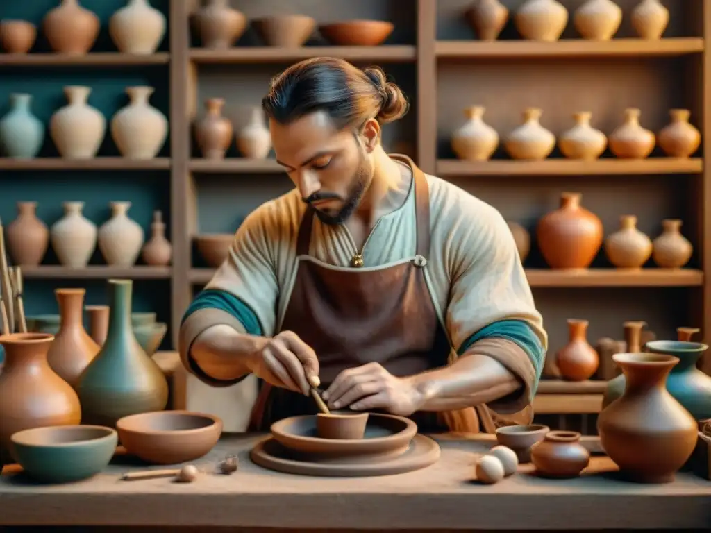 Un artesano hábil moldea arcilla en un taller renacentista de alquimia en cerámica